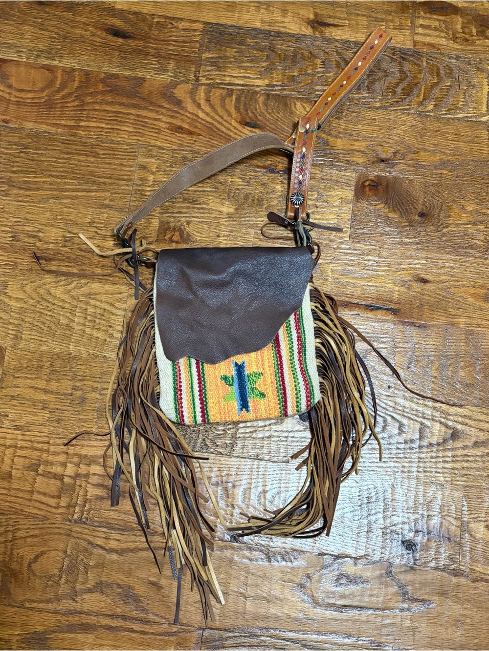 Myra Bag Brown Leather Fringe Crossbody with Yellow & Multicolor Woven Front